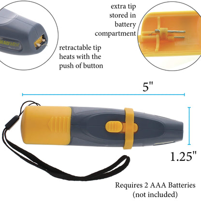 Beadsmith bead burner tool, gray and yellow, featuring a retractable tip and extra tip in battery compartment. 5 inches long.