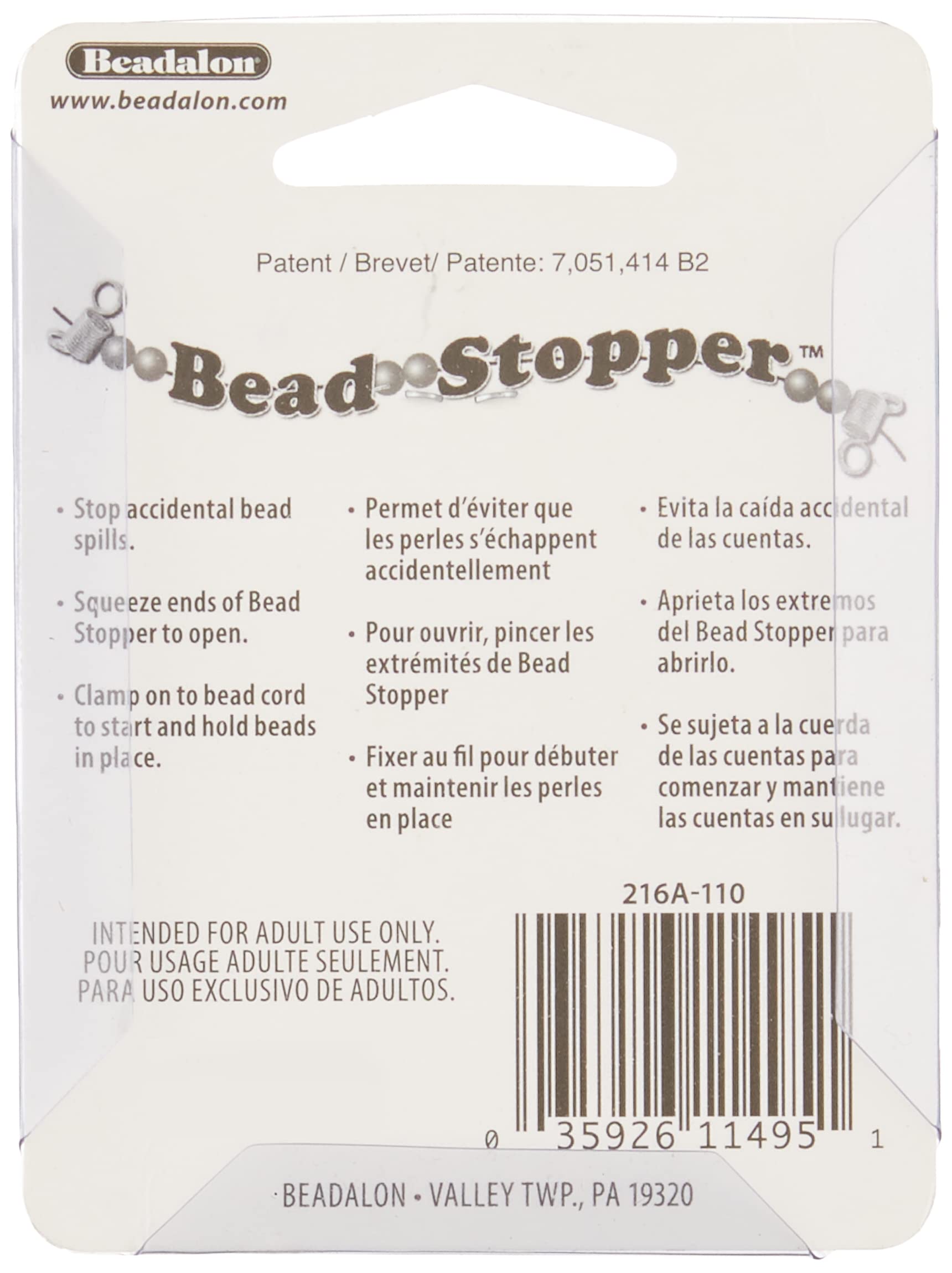 Beadalon Bead Stopper packaging. Prevents beads from spilling. Clamps to bead cord to hold beads in place.