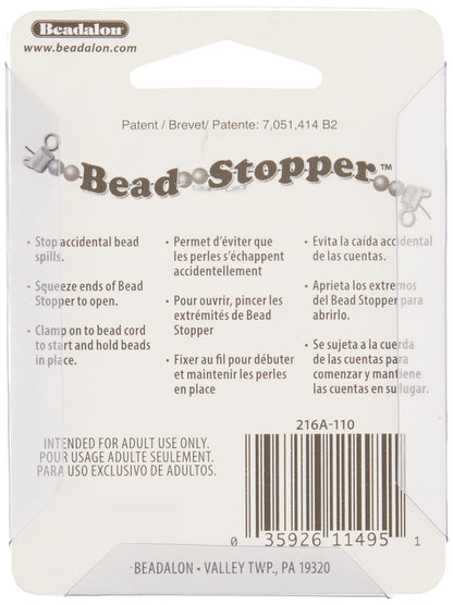 Beadalon Bead Stopper packaging. Prevents beads from spilling. Clamps to bead cord to hold beads in place.