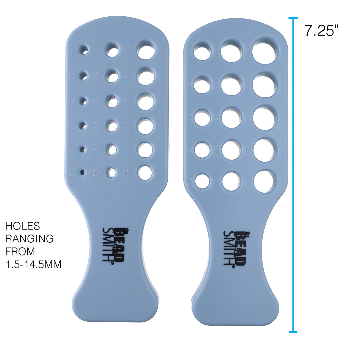 The Bead Smith metal gauge for measuring beads, featuring labeled holes from 1.5mm to 14.5mm. 7.25 inches tall.