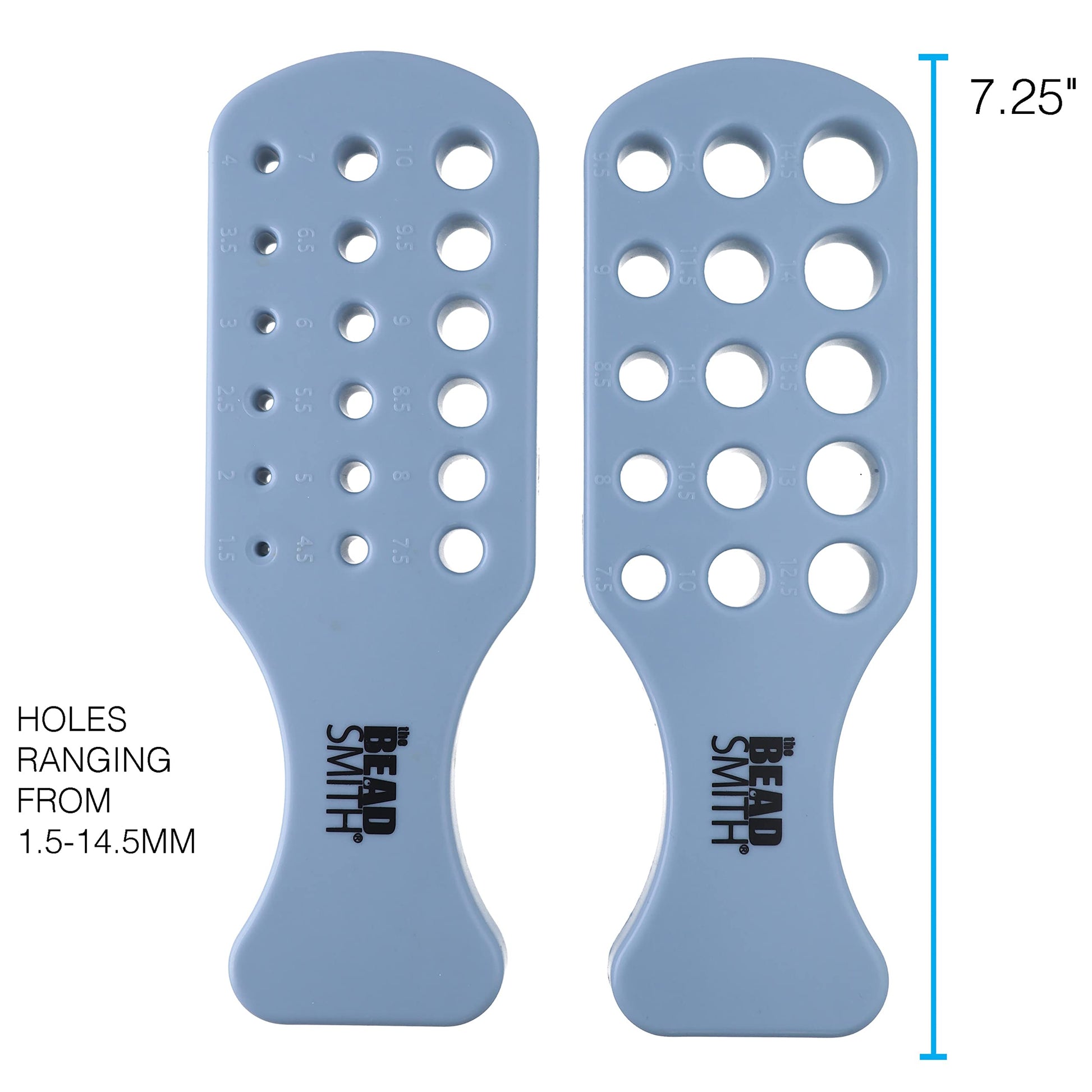 The Bead Smith metal gauge for measuring beads, featuring labeled holes from 1.5mm to 14.5mm. 7.25 inches tall.