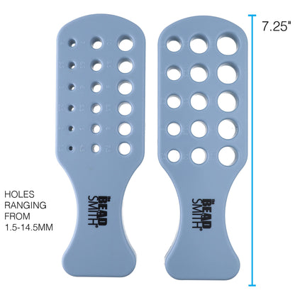 The Bead Smith metal gauge for measuring beads, featuring labeled holes from 1.5mm to 14.5mm. 7.25 inches tall.