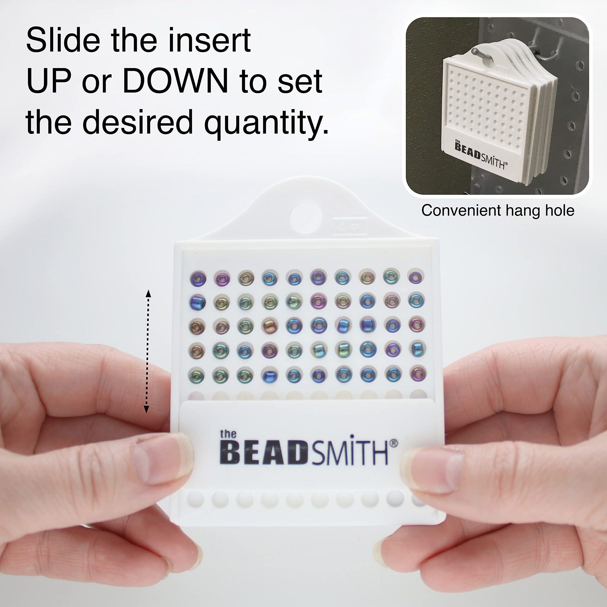 Beadsmith adjustable bead organizer with iridescent beads. Slide insert to change quantity. Easy hang hole for storage.