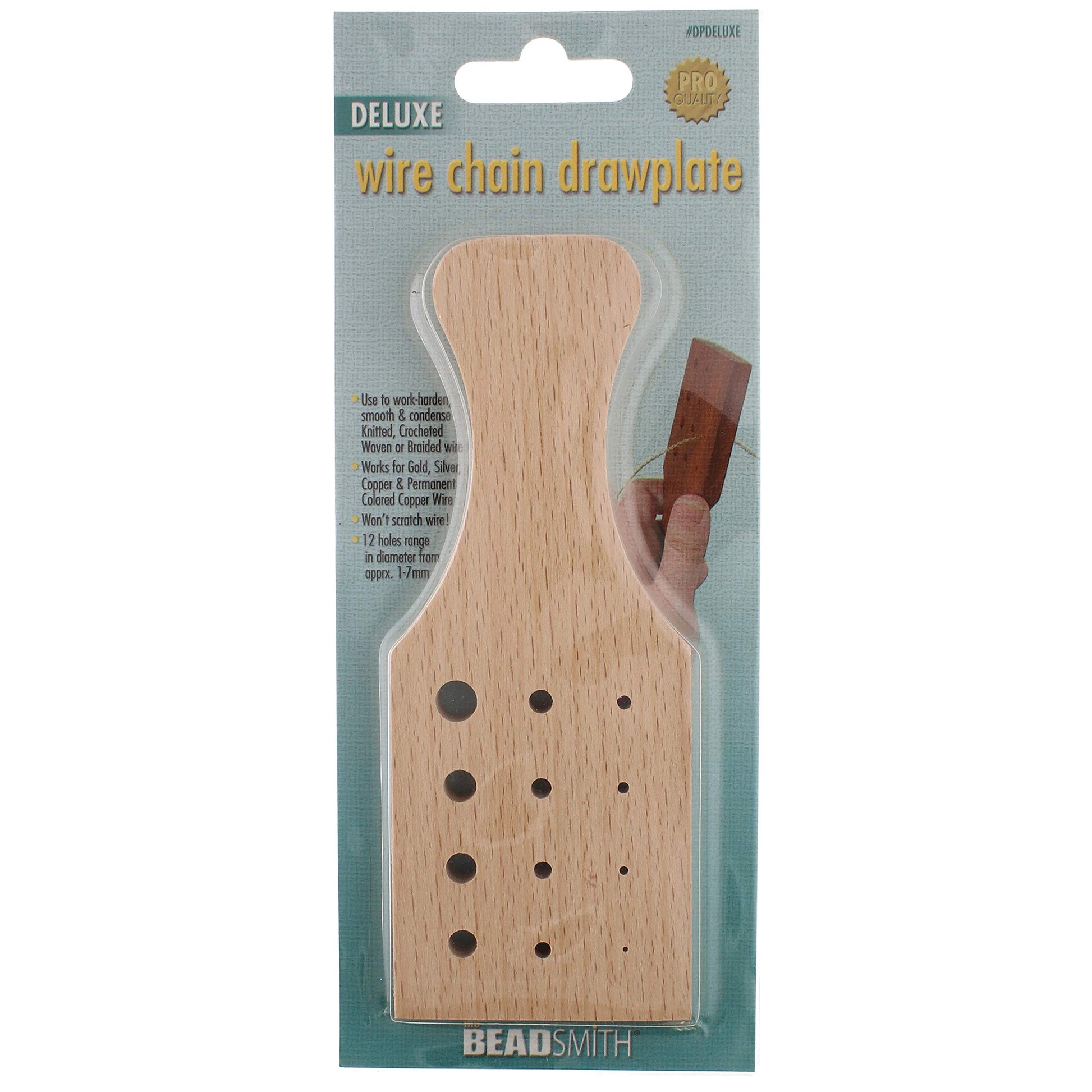 Beadsmith Deluxe wire chain drawplate, a wooden tool with various sized holes for shaping metal wire.