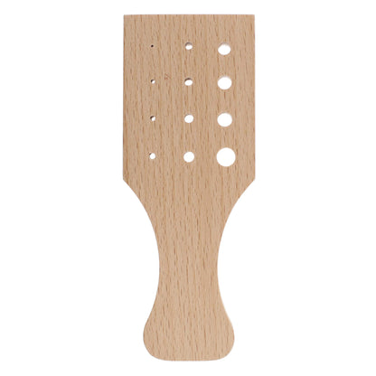 Wooden pegboard with various sized holes, for jewelry making and craft projects.