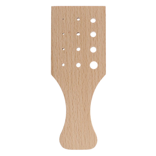 Wooden pegboard with various sized holes, for jewelry making and craft projects.