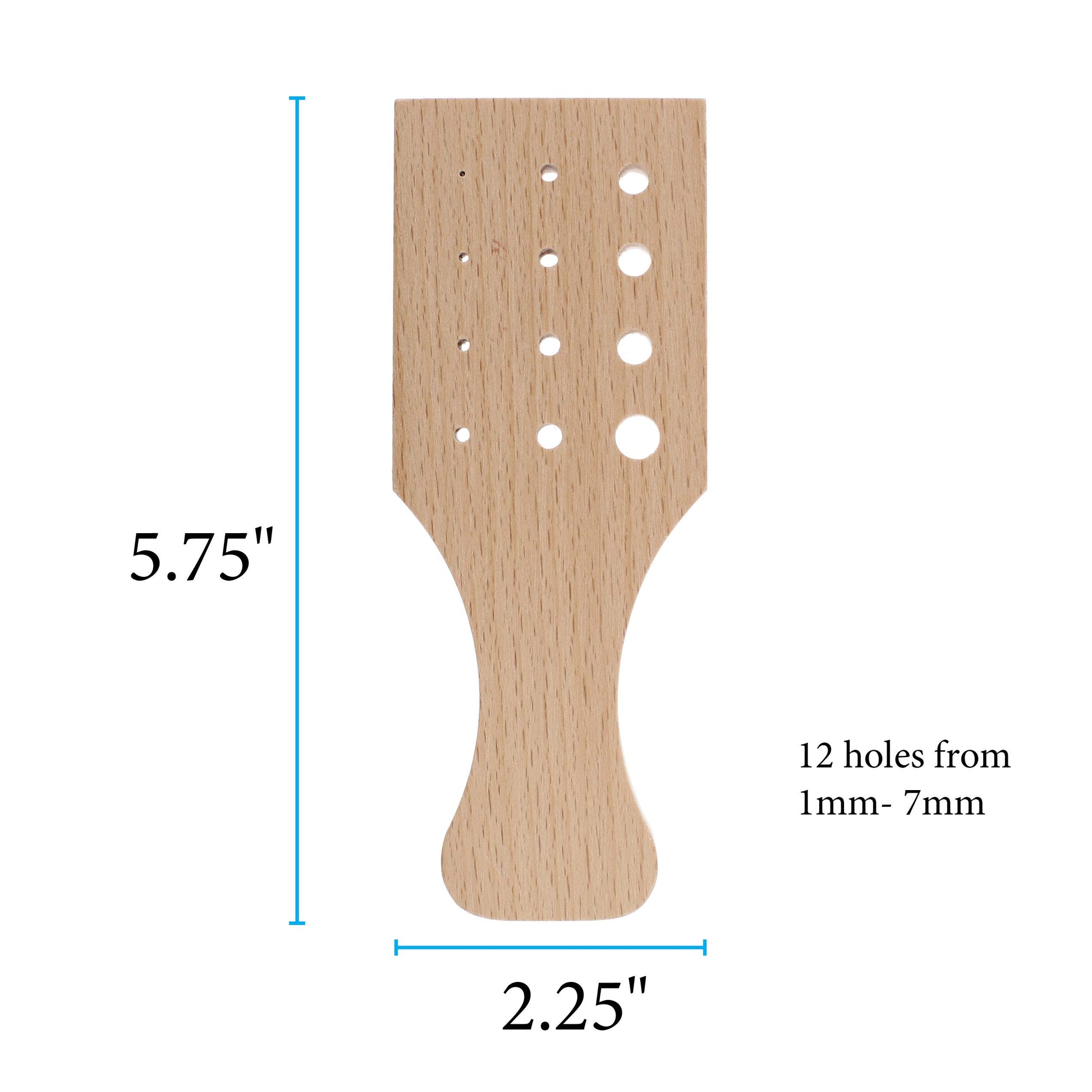 Wooden sizing gauge with 12 holes, ranging from 1mm to 7mm. Tool measures 5.75" x 2.25".